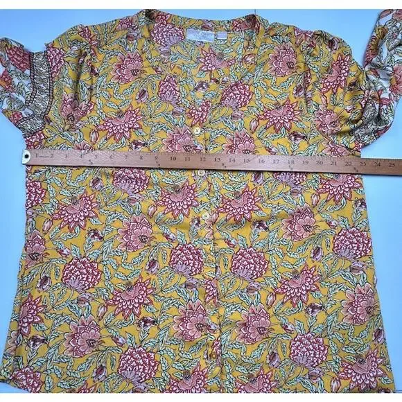 Belle Kim Gravel Top Womens Large Yellow Floral Boho Peasant Career Feminine - Picture 10 of 13